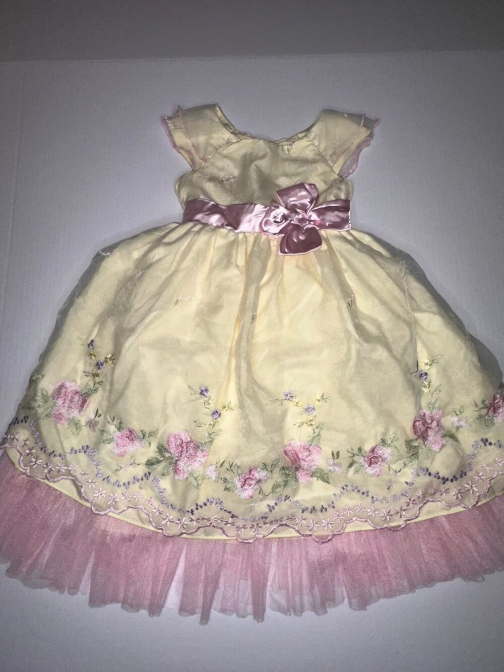 JONA MICHELLE Girls CREAMY YELLOW w/pink Dress Size 4 WOW! embroidery & tulle